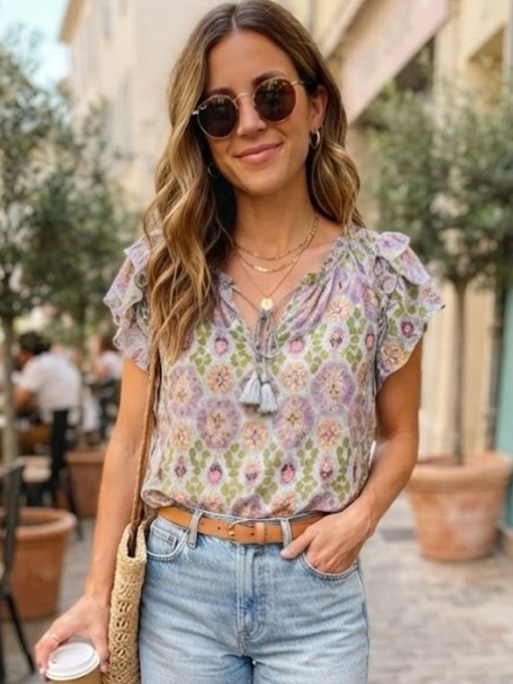 Rose + Olive Lavender Pastel Paisley Medallion Ruffle Sleeve Tunic Blouse Tassle